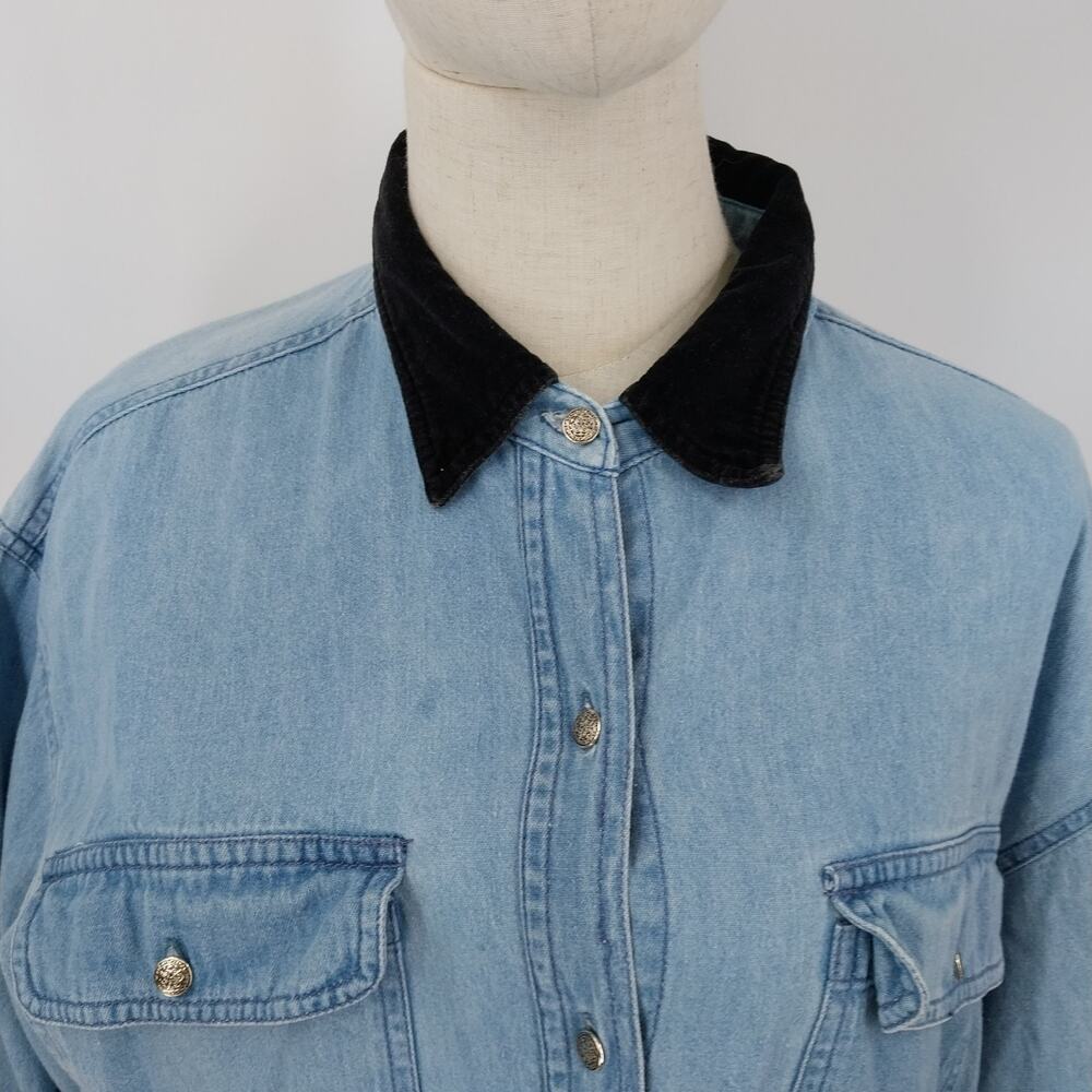 Vision 1 Denim Long Sleeve Velvet Collar & Cuffs Shirt Size Large 100% Cotton